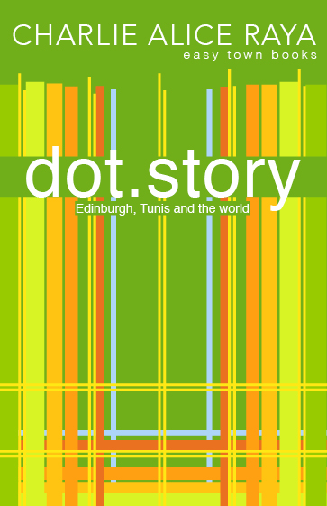 dot.story by Charlie Alice Raya, book cover, a colourful tartan pattern because part of the story is set in Edinburgh, Scotland